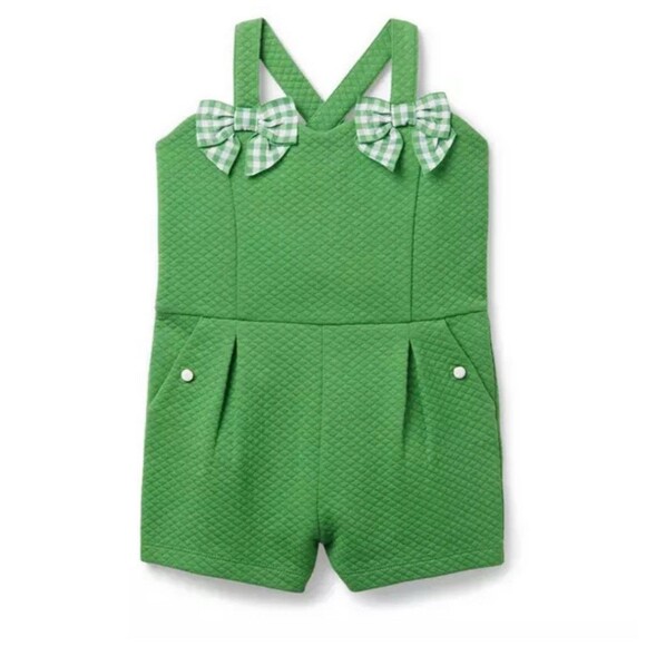 Janie and Jack Other - Janie And Jack String Bean Green Quilted Gingham Bow Romper Sz 6-12 Months